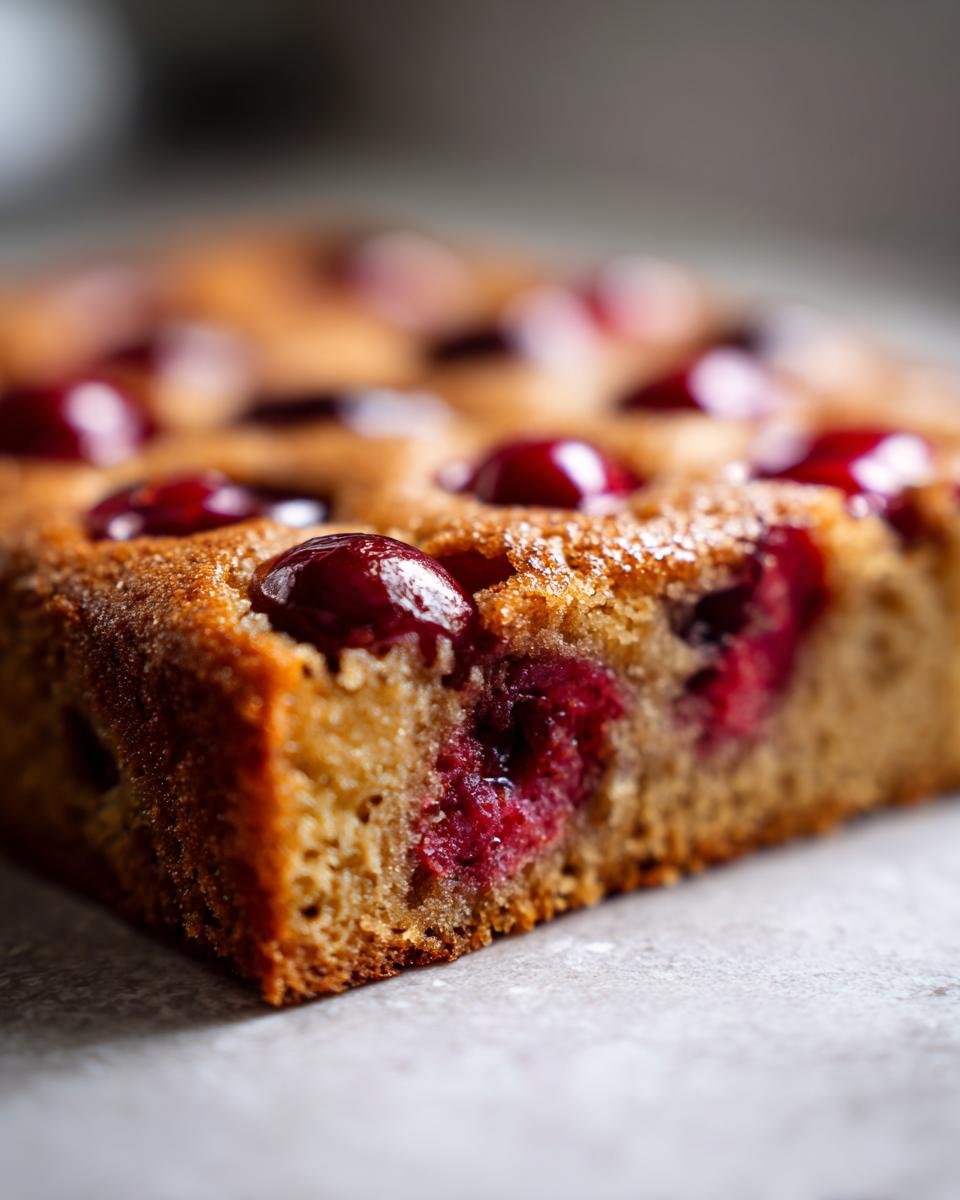 Nahaufnahme eines St&uuml;cks saftigen Kirsch-Dump-Cakes mit ganzen Kirschen auf der Oberseite.