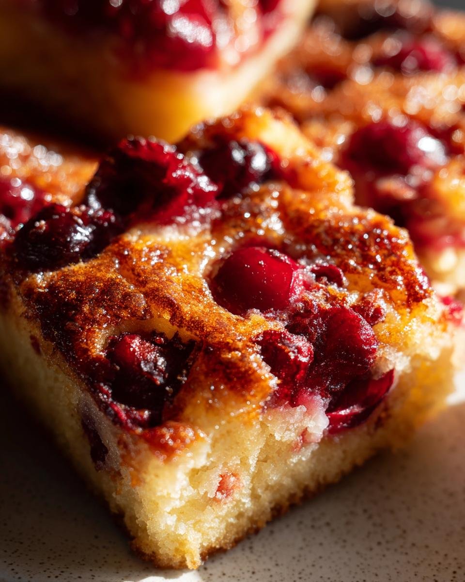 Nahaufnahme eines St&uuml;cks Kirsch-Dump-Cake mit saftigen Kirschen und goldbrauner Kruste.