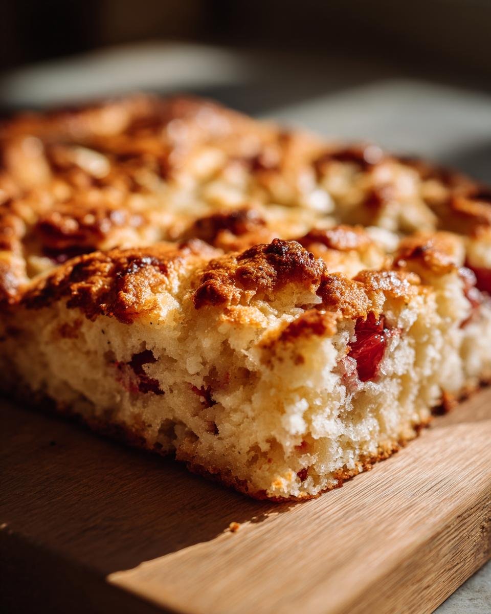 Nahaufnahme eines saftigen St&uuml;cks Kirsch-Dump-Cake mit goldbrauner Kruste und Kirschst&uuml;cken.
