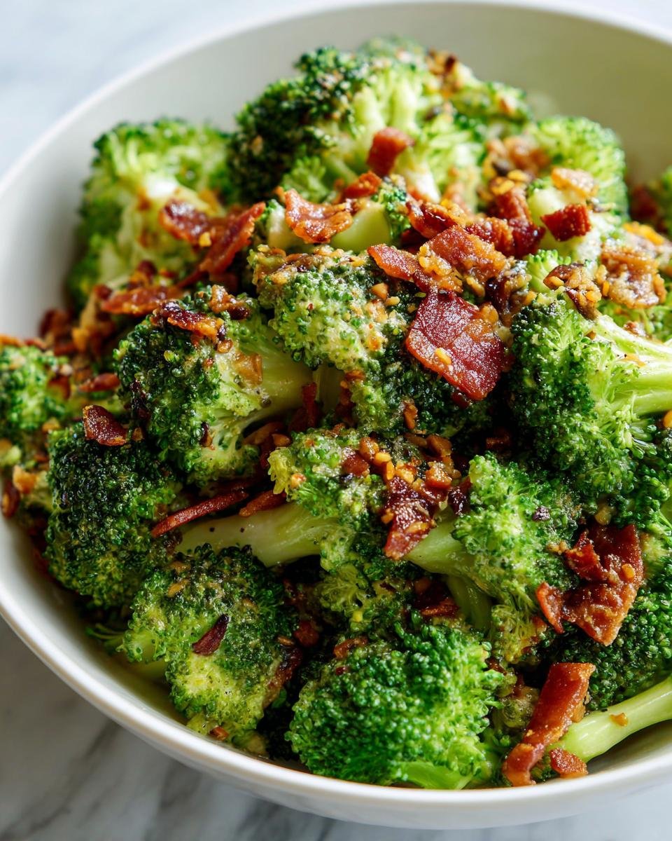 Nahaufnahme eines knackigen Brokkolisalats mit knusprigem Speck und einer würzigen Sauce.