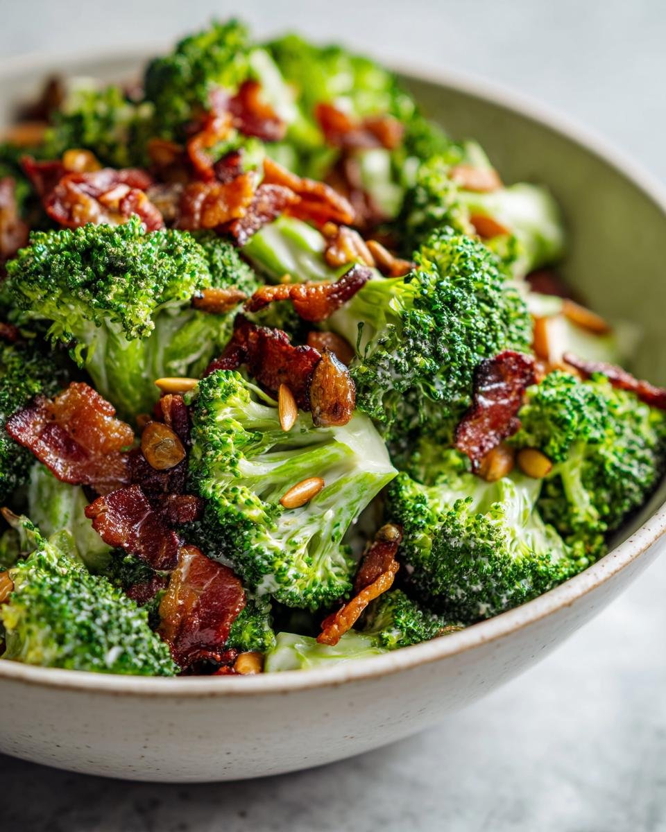 Nahaufnahme von knackigem Brokkolisalat mit knusprigem Speck und Sonnenblumenkernen in einer Schüssel.