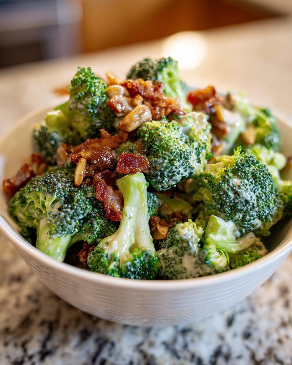 Schüssel mit knackigem Brokkolisalat, cremiger Soße, Speck und Sonnenblumenkernen.