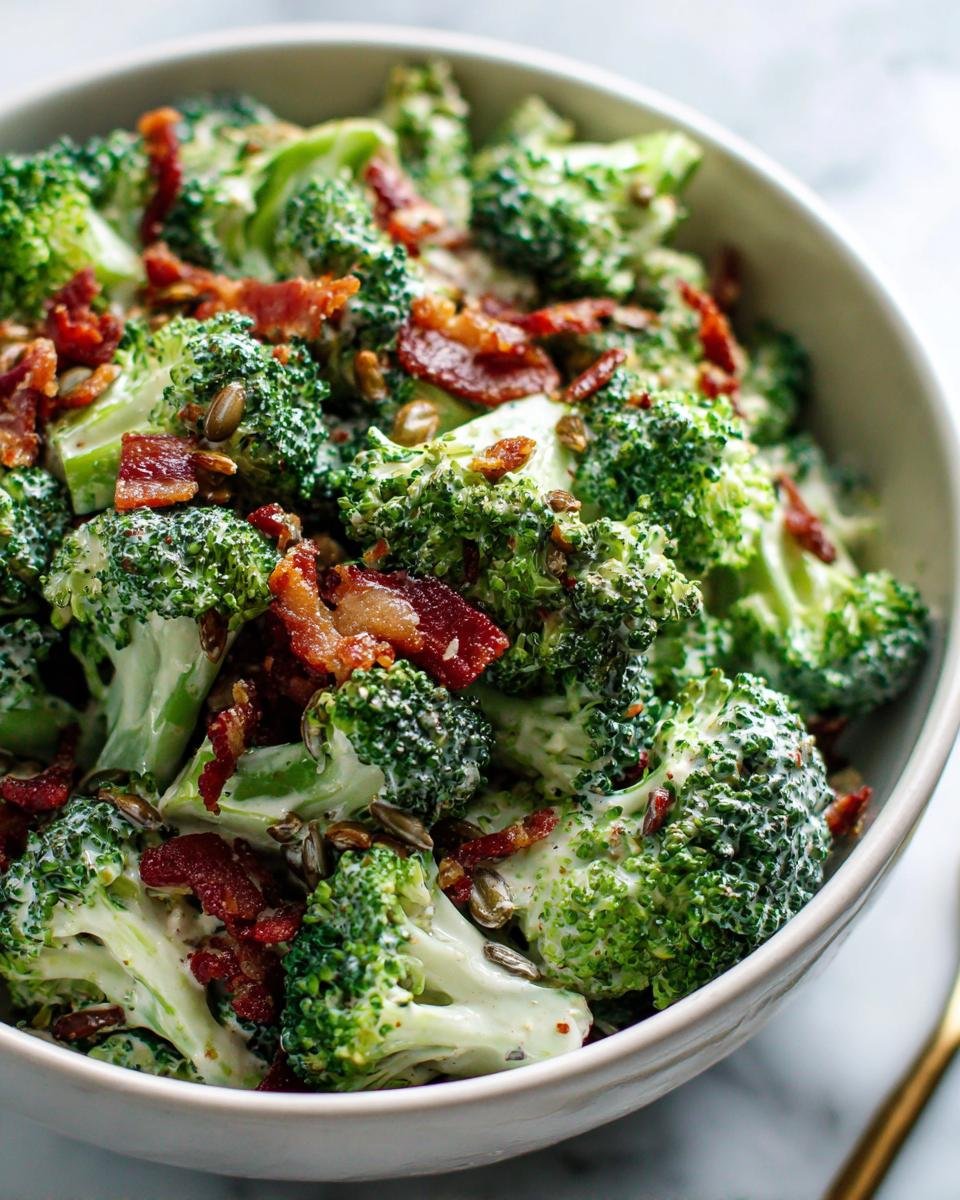 Nahaufnahme eines Schüssel mit knackigem Brokkolisalat, garniert mit knusprigem Speck und Sonnenblumenkernen.