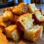 Nahaufnahme von knusprig gebackenen Sauerteig Croutons auf einem Holzbrett.