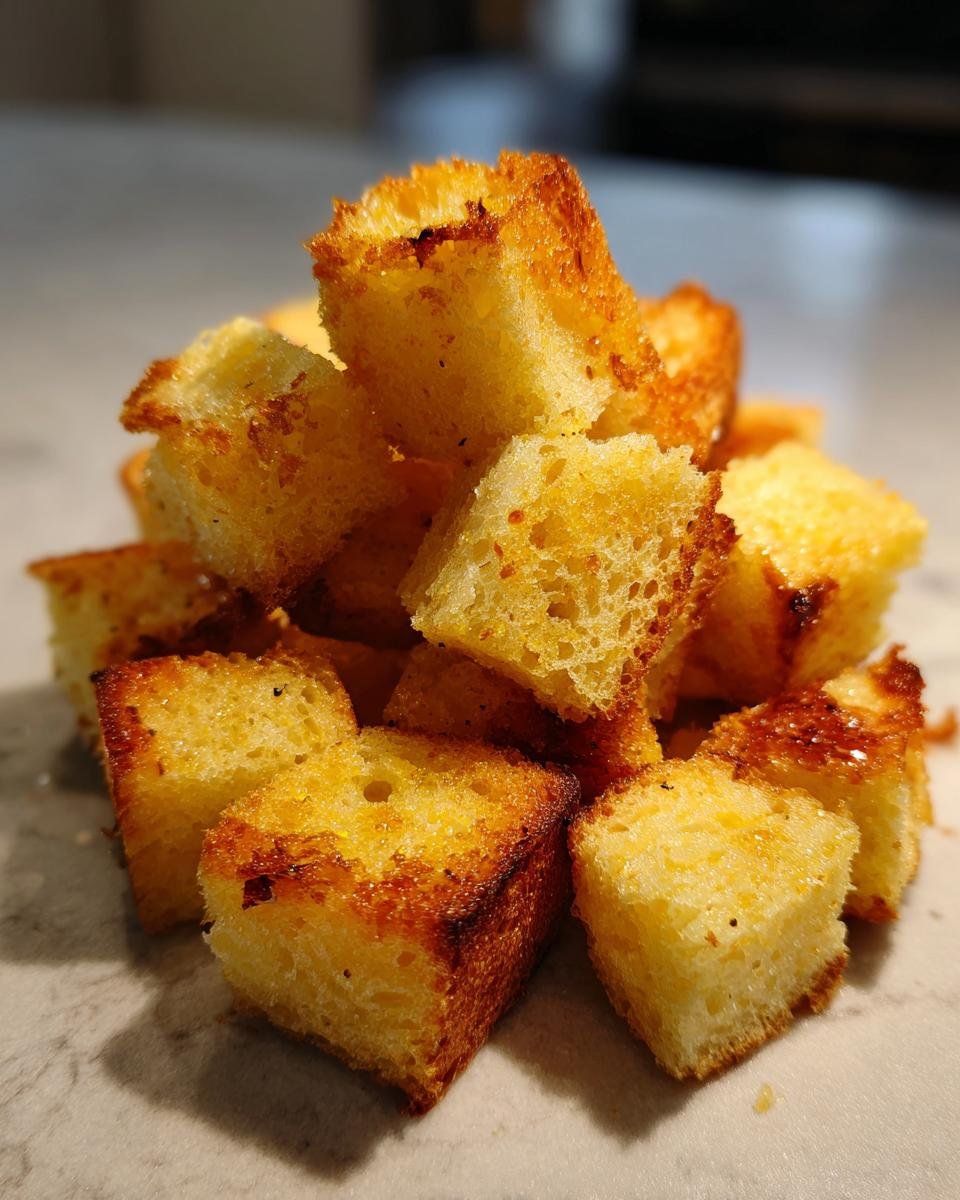 Ein Haufen knusprig gebackener Sauerteig Croutons, perfekt f&uuml;r Salate und Suppen.