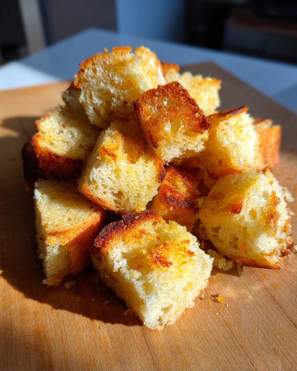 Ein Haufen knuspriger, goldbrauner Sauerteig Croutons auf einem Holzbrett.