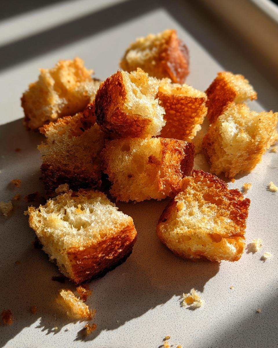 Nahaufnahme von knusprigen, goldbraunen Sauerteig Croutons, perfekt f&uuml;r Salate und Suppen.