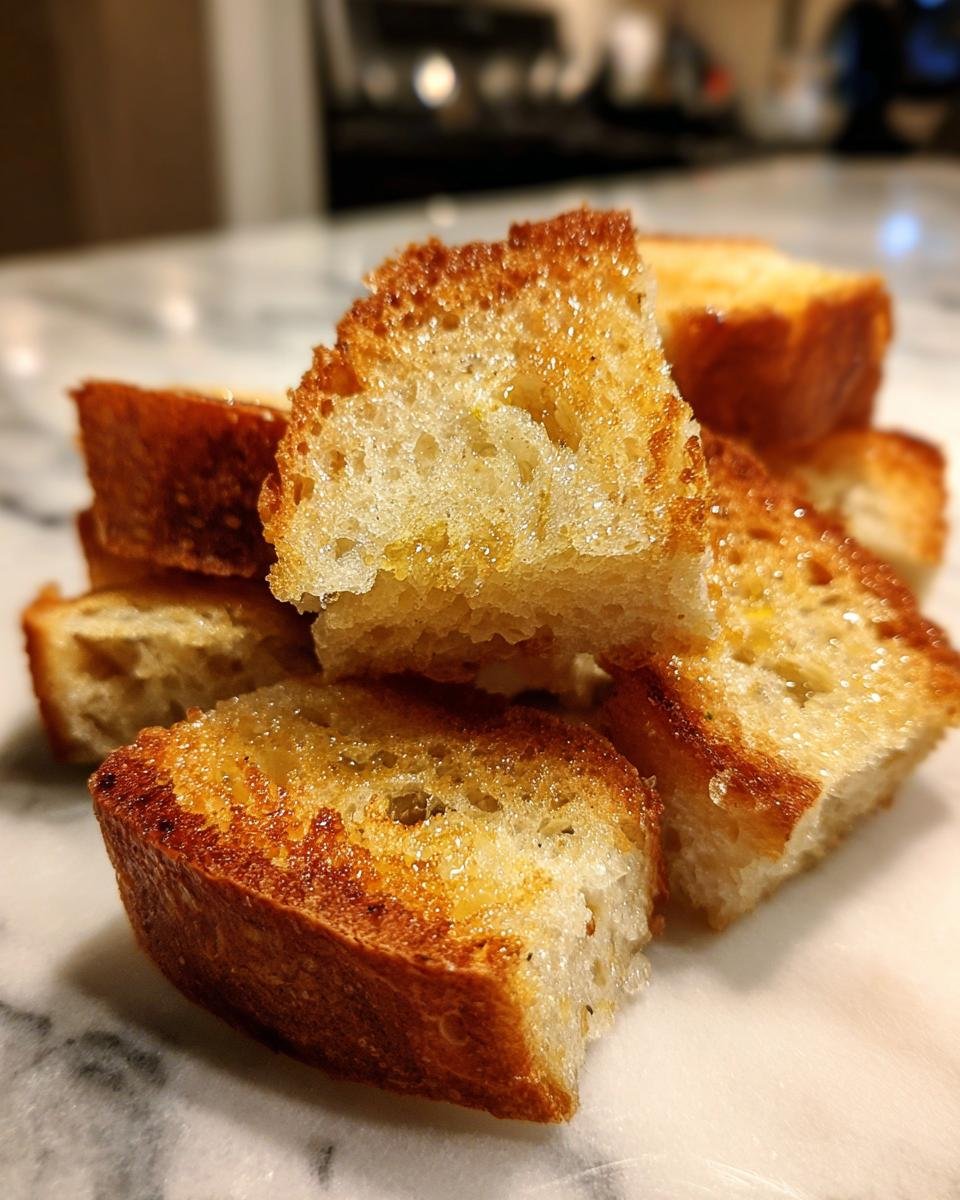 Nahaufnahme von knusprig gebackenen Sauerteig Croutons, die mit &Ouml;l gl&auml;nzen.