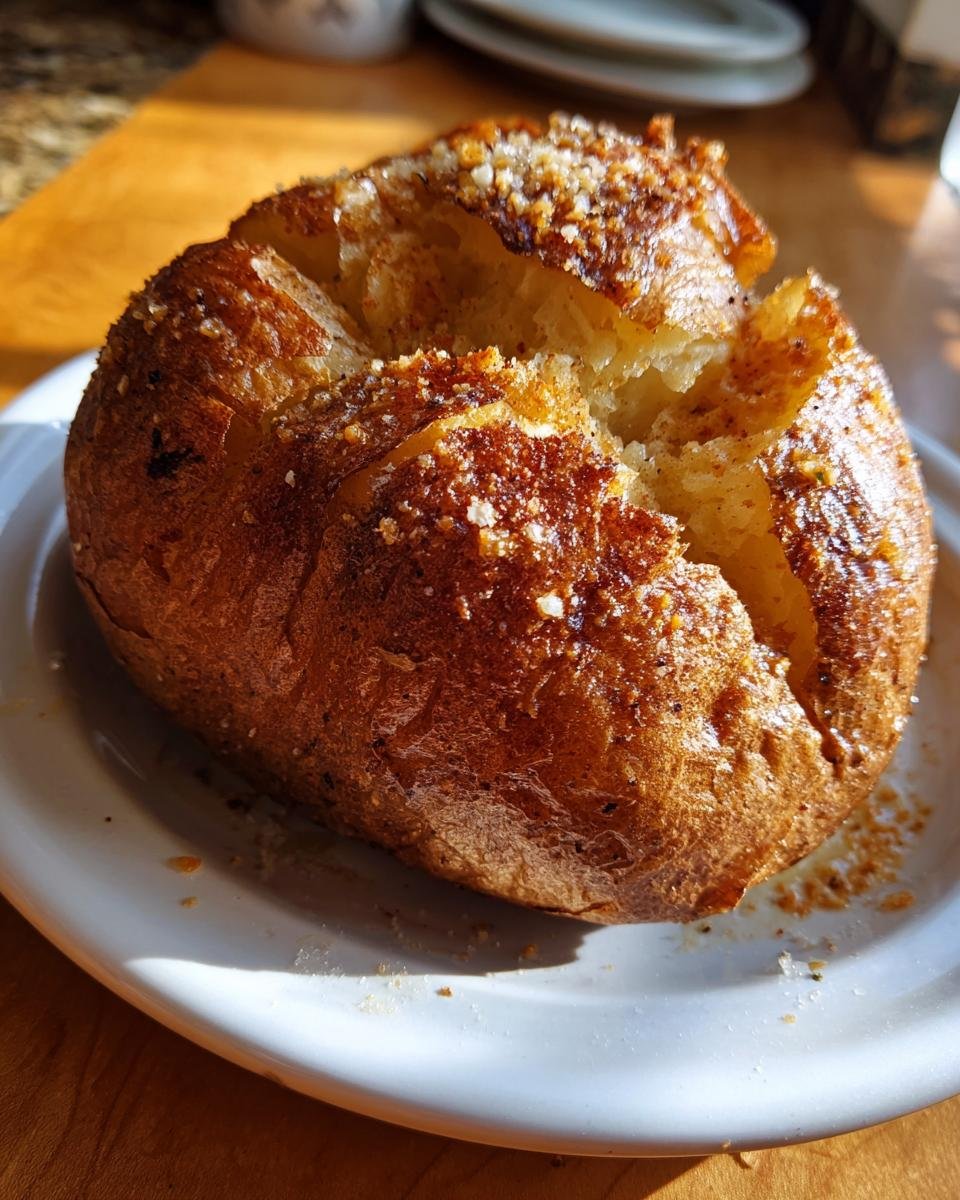 Nahaufnahme einer knusprigen Air Fryer Kartoffel, bestreut mit Gew&uuml;rzen, auf einem wei&szlig;en Teller.