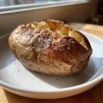 Eine knusprige Air Fryer Kartoffel, bestreut mit grobem Salz und schwarzem Pfeffer, serviert auf einem wei&szlig;en Teller.