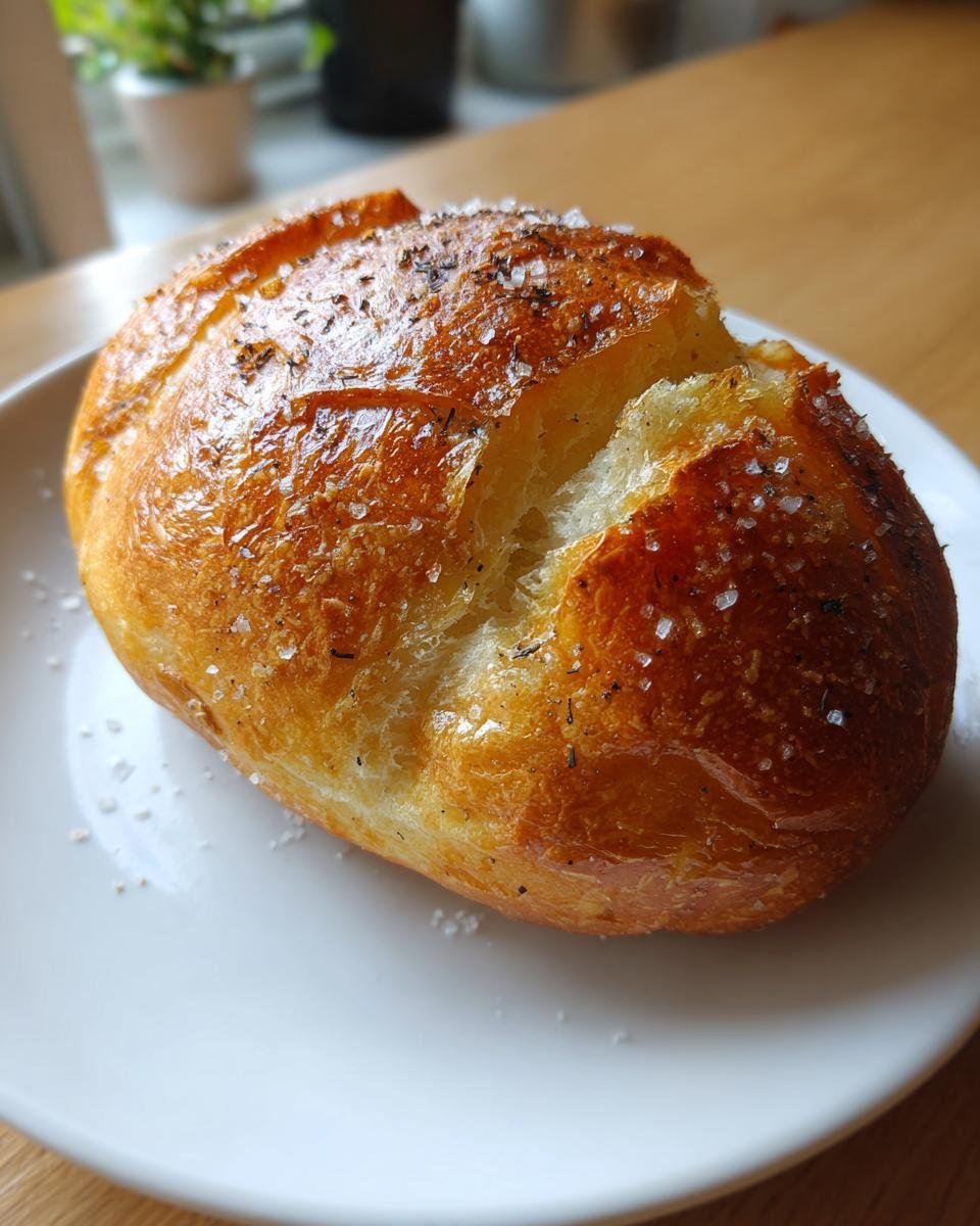 Eine knusprige Air Fryer Kartoffel, bestreut mit grobem Salz und Kr&auml;utern, auf einem wei&szlig;en Teller.