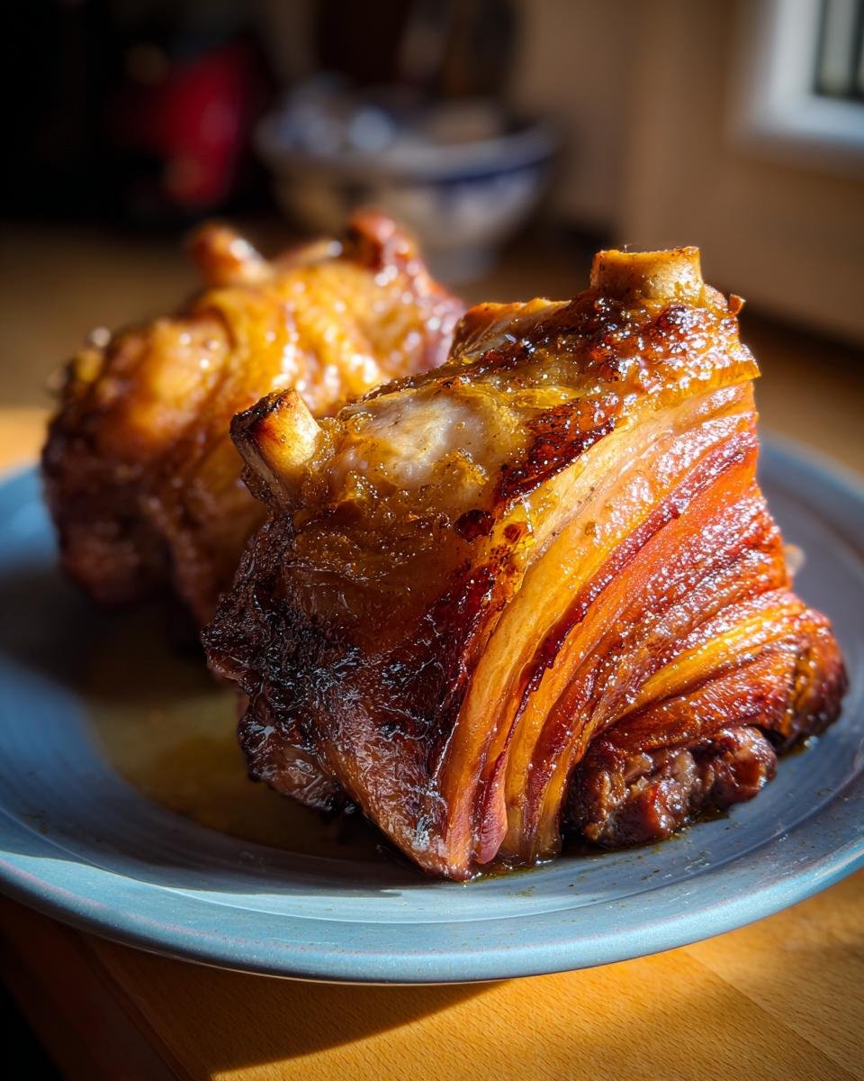 Nahaufnahme von zwei knusprigen bayerischen Schweinshaxen auf einem blauen Teller, glasiert und goldbraun gebacken.