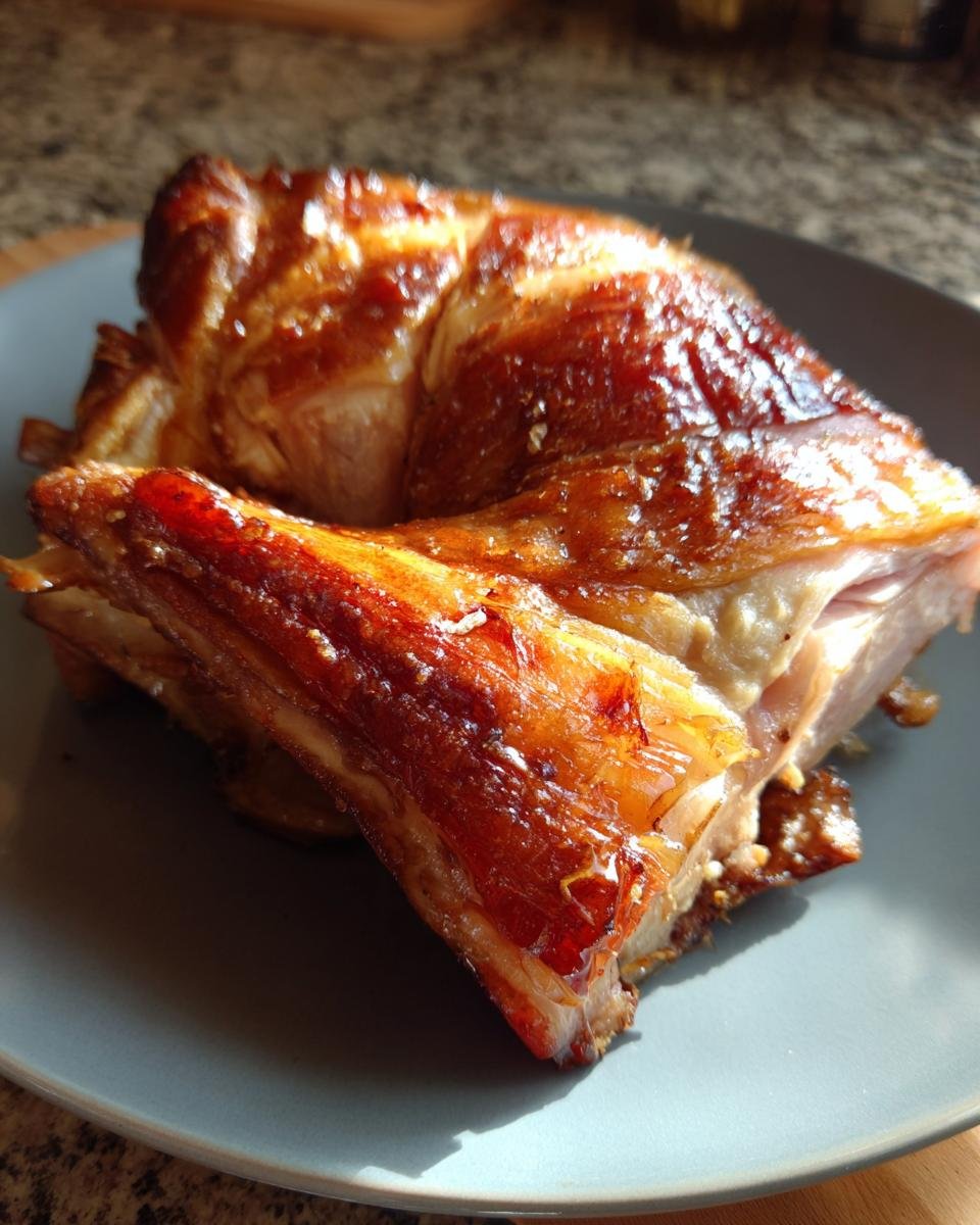 Nahaufnahme einer knusprigen bayerischen Schweinshaxe auf einem grauen Teller, mit gl&auml;nzender Kruste und saftigem Fleisch.