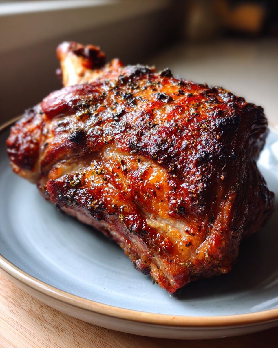 Nahaufnahme einer knusprigen bayerischen Schweinshaxe, goldbraun gebraten und mit Kr&auml;utern gew&uuml;rzt.