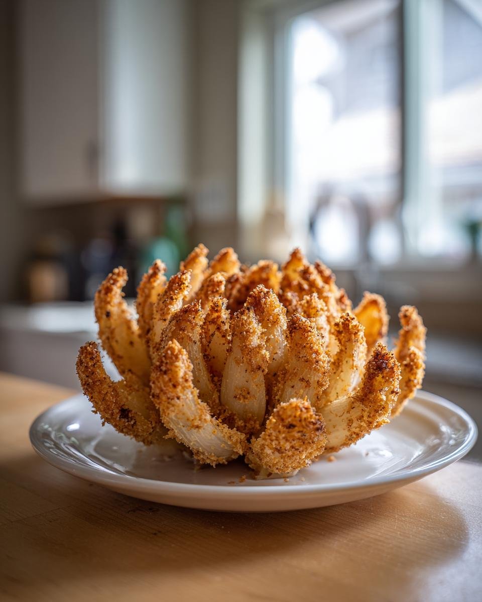 Eine knusprige Blooming Onion, zubereitet im Air Fryer, auf einem Teller serviert.