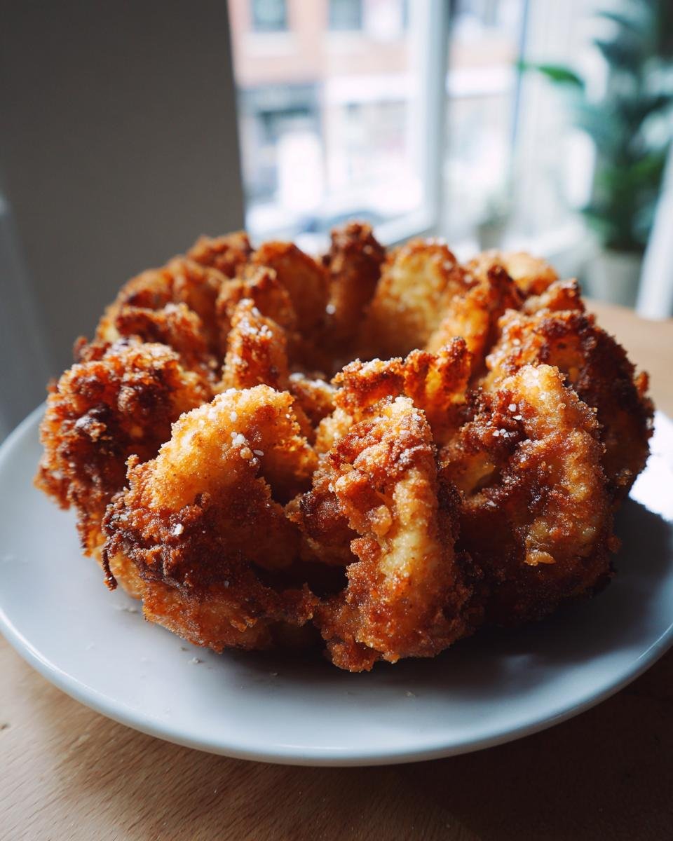 Nahaufnahme einer knusprigen Blooming Onion aus dem Air Fryer, goldbraun gebacken und leicht gesalzen.