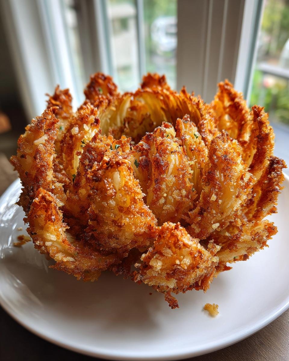 Nahaufnahme einer knusprigen Blooming Onion aus der Hei&szlig;luftfritteuse, perfekt zubereitet und goldbraun.
