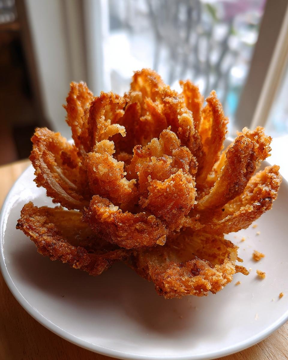 Eine knusprige Blooming Onion aus der Hei&szlig;luftfritteuse auf einem wei&szlig;en Teller, perfekt zubereitet.