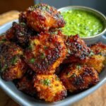 Nahaufnahme von knusprigen Cajun Ranch Chicken Bites mit Kr&auml;utern bestreut, daneben eine Sch&uuml;ssel mit gr&uuml;ner Dip-Sauce.