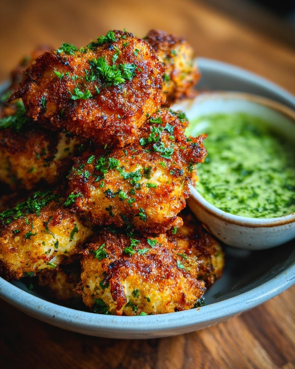 Gestapelte knusprige Cajun Ranch Chicken Bites, garniert mit Petersilie, neben einer Sch&uuml;ssel mit gr&uuml;nem Dip.