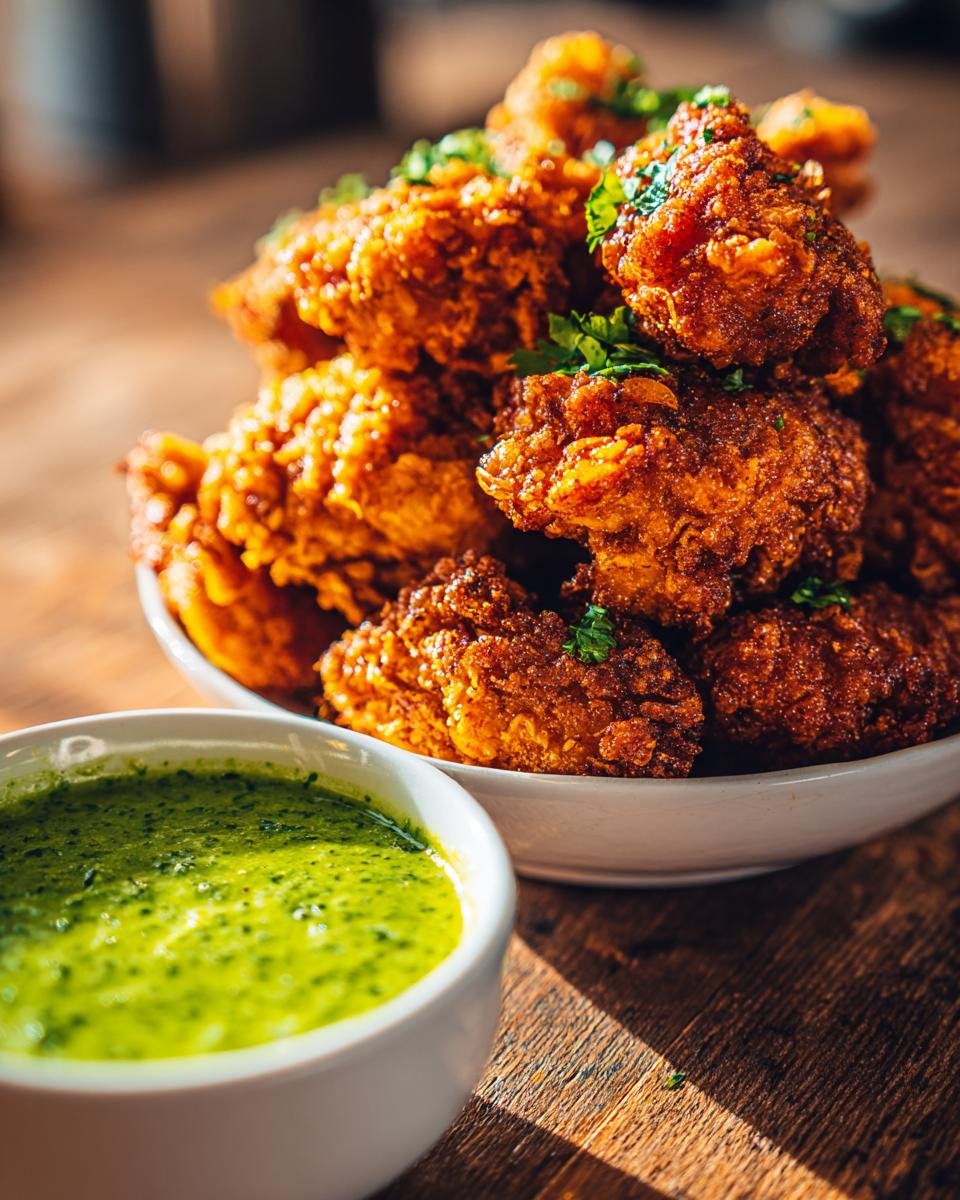 Knusprige Cajun Ranch Chicken Bites mit Jalape&ntilde;o Parmesan Dip auf einem Holztisch.