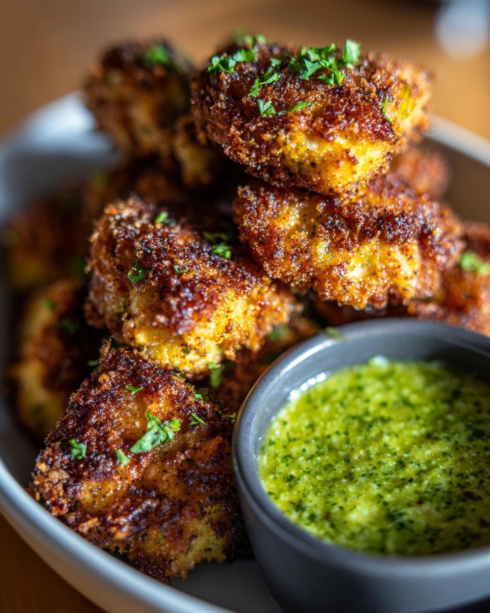 Nahaufnahme von knusprigen Cajun Ranch Chicken Bites, garniert mit Petersilie, neben einer Sch&uuml;ssel mit Jalape&ntilde;o Parmesan Dip.