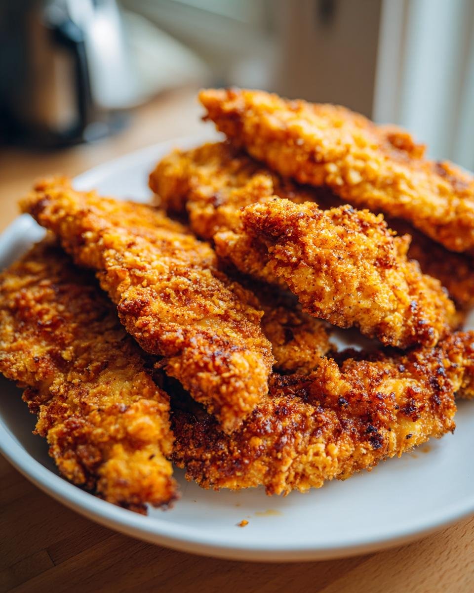 Nahaufnahme von knusprigen H&auml;hnchen-Tender aus der Hei&szlig;luftfritteuse auf einem wei&szlig;en Teller.
