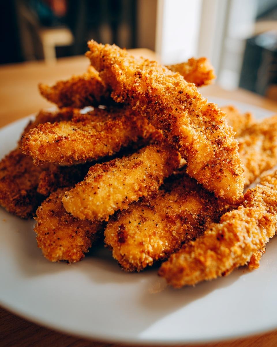Nahaufnahme von knusprigen H&auml;hnchen-Tender aus der Hei&szlig;luftfritteuse auf einem wei&szlig;en Teller, perfekt f&uuml;r ein schnelles Essen.