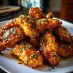 Nahaufnahme von knusprigen H&auml;hnchenstreifen mit Honig-Butter-Knoblauch-Glasur und Petersilie bestreut.