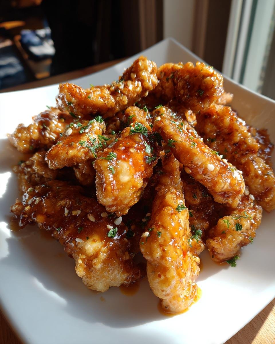 Knusprige H&auml;hnchenstreifen mit Honig-Butter-Knoblauch-Glasur, bestreut mit Sesam und Petersilie.
