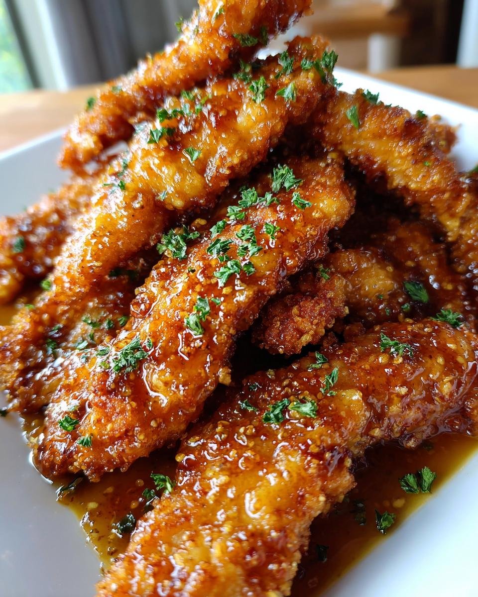 Nahaufnahme von knusprigen H&auml;hnchenstreifen mit Honig-Butter-Knoblauch-Glasur und Petersilie bestreut.