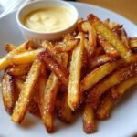 Eine Nahaufnahme von knusprigen Pommes mit Salz und Pfeffer, serviert mit einem Dip.