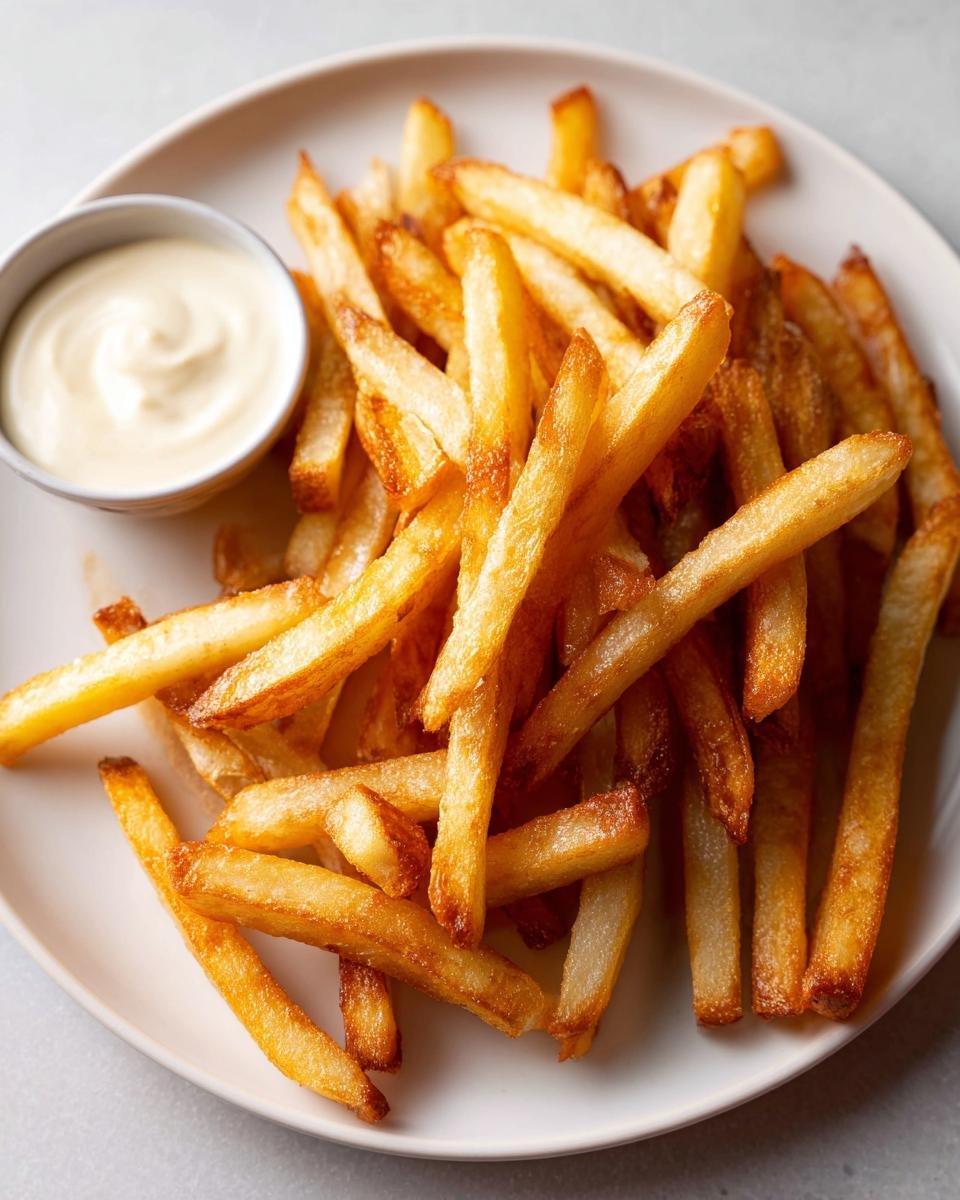 Ein Teller mit knusprigen Pommes und einer Sch&uuml;ssel cremiger Dip-Sauce daneben.