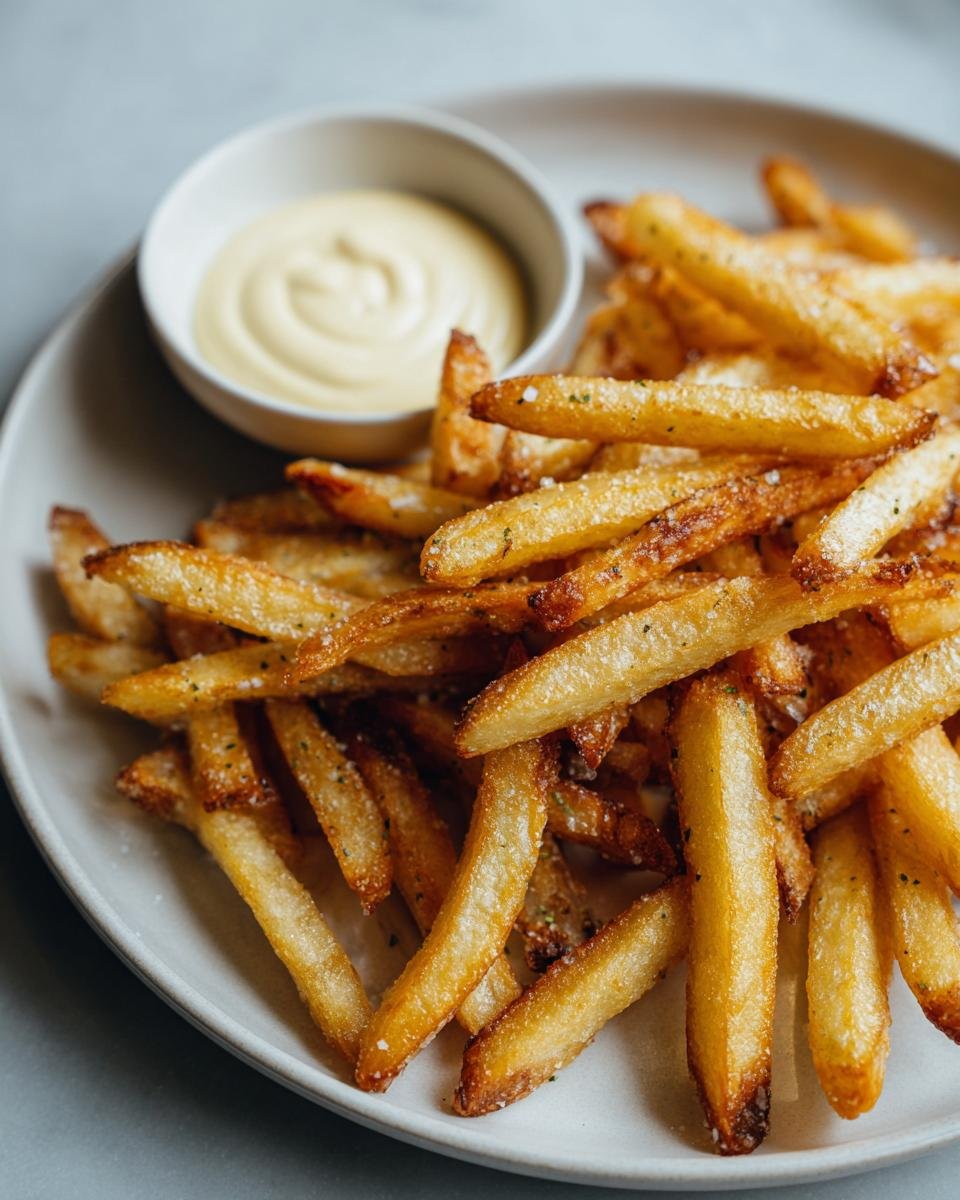 Ein Teller mit knusprigen Pommes, daneben eine Sch&uuml;ssel mit cremiger Dip-Sauce.