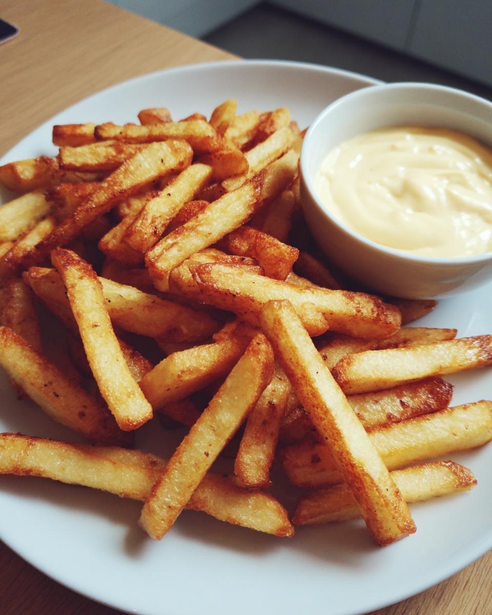 Ein Teller mit knusprigen Pommes Frites und einer Sch&uuml;ssel cremiger Dip-Sauce.