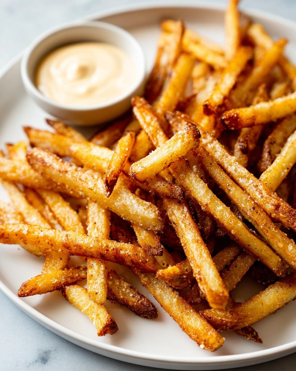 Ein Teller mit knusprigen Pommes Frites und einer Sch&uuml;ssel cremiger Dip-Sauce.