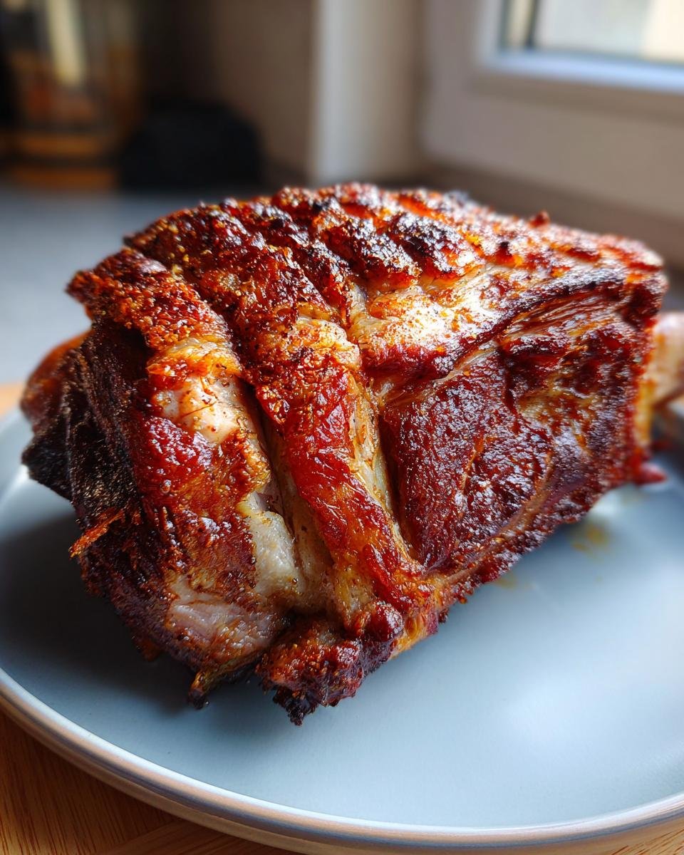 Nahaufnahme einer knusprigen bayerischen Schweinshaxe auf einem blauen Teller, perfekt gebraten mit goldbrauner Kruste.