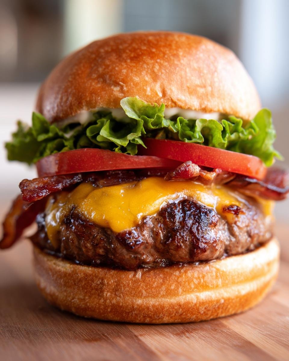 Nahaufnahme eines saftigen Burgers mit geschmolzenem K&auml;se, knusprigem Speck, Tomaten und Salat auf einem Br&ouml;tchen.