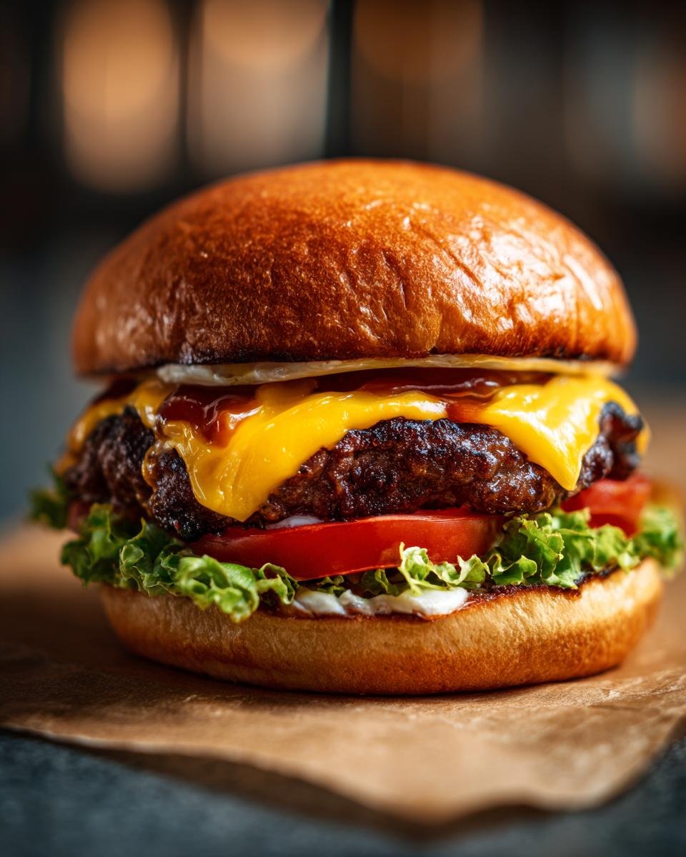 Ein saftiger Burger mit geschmolzenem K&auml;se, frischem Salat und Tomaten, Teil der 10 k&ouml;stlichen Burger-Rezepte.