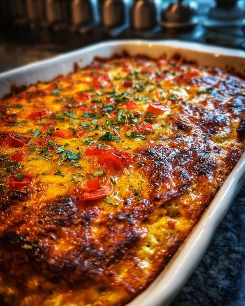 Nahaufnahme eines k&ouml;stlichen H&auml;hnchen-Fajita-Auflaufs, goldbraun gebacken und mit Tomaten und Petersilie garniert.