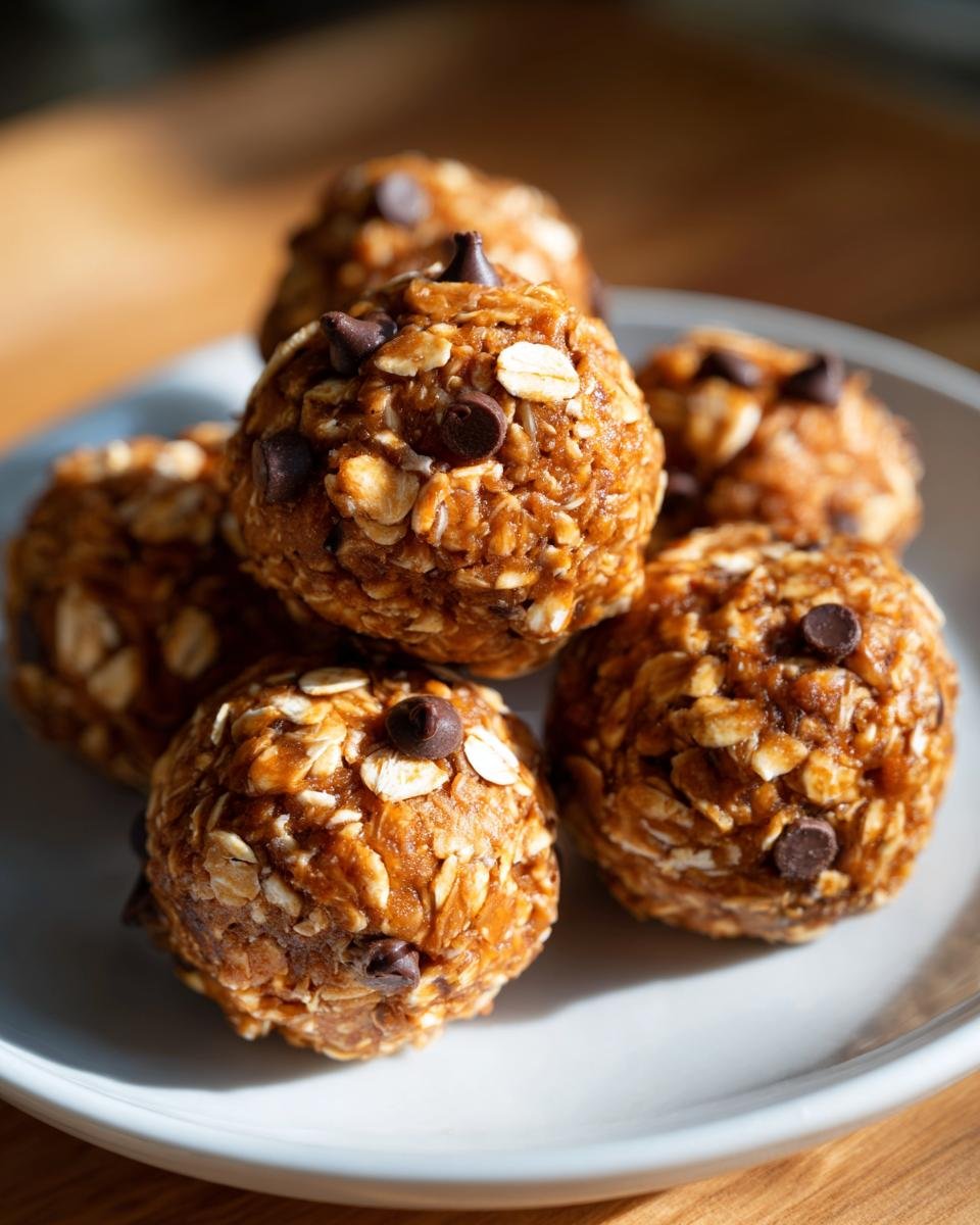 Nahaufnahme von leckeren Erdnussbutter-Proteinbällchen mit Haferflocken und Schokostückchen auf einem Teller.