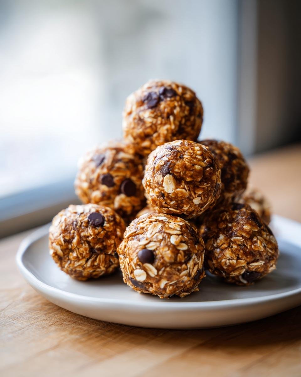 Stapel von leckeren Erdnussbutter-Proteinbällchen mit Haferflocken und Schokostückchen auf einem Teller.