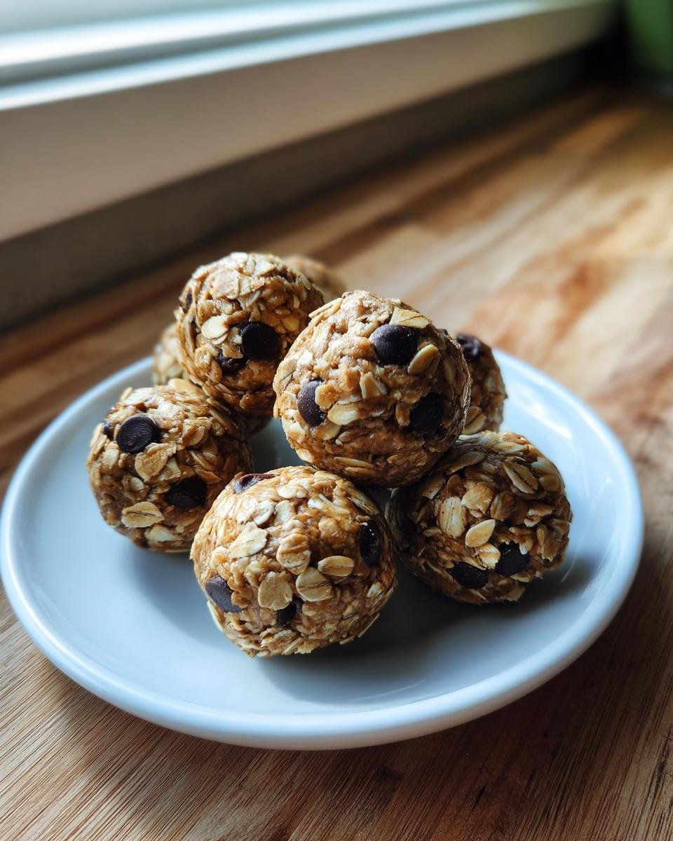 Nahaufnahme von leckeren Erdnussbutter-Proteinbällchen mit Haferflocken und Schokostückchen auf einem weißen Teller.