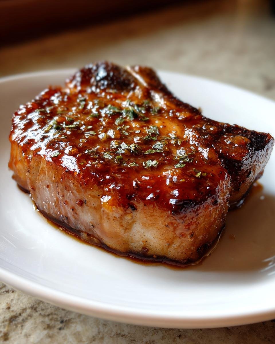 Nahaufnahme eines saftigen Schweinekoteletts mit braunem Zuckerguss und Kr&auml;utern auf einem wei&szlig;en Teller.