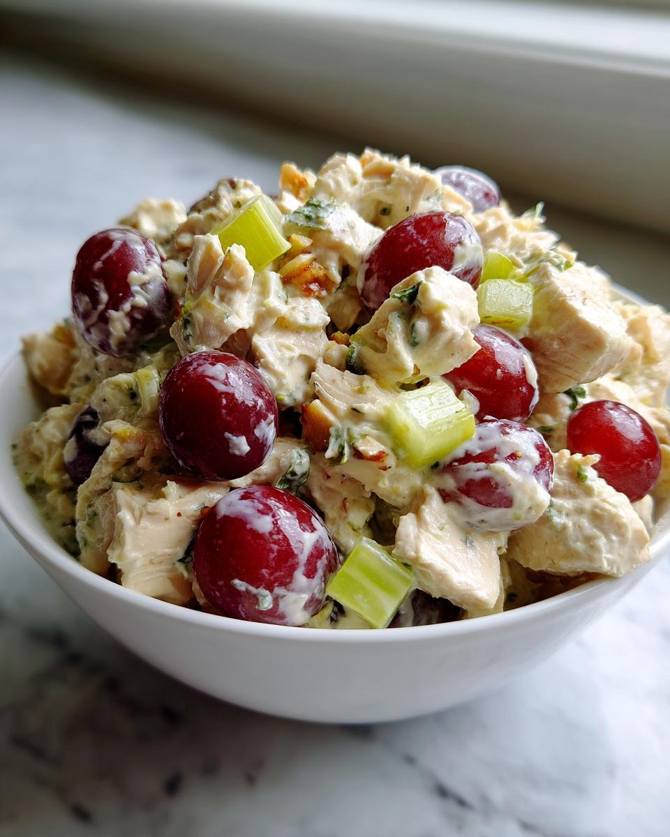 Nahaufnahme einer Sch&uuml;ssel mit k&ouml;stlichem H&auml;hnchensalat, garniert mit roten Weintrauben und Sellerie.