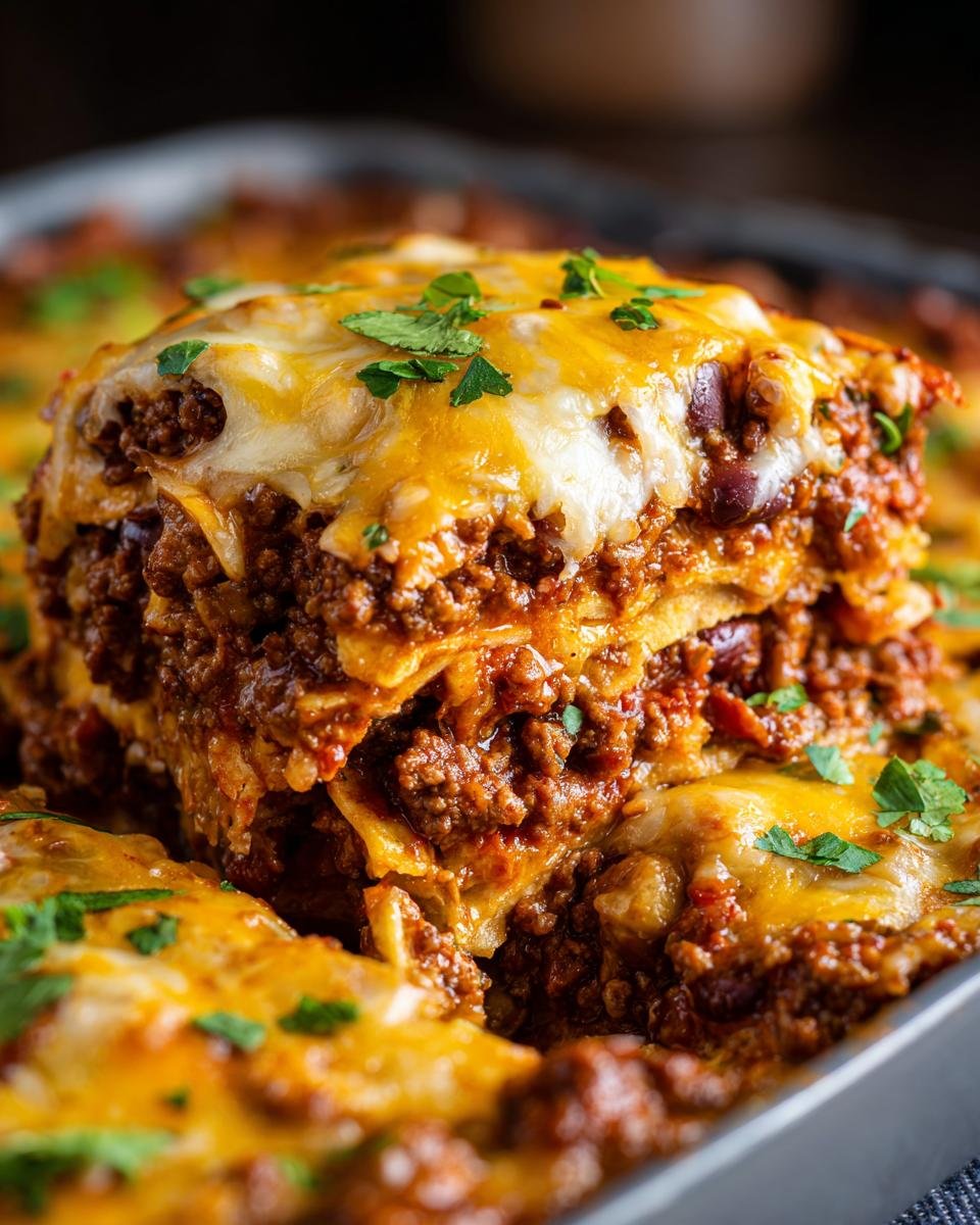 Nahaufnahme eines saftigen Stücks Delicious Taco Bake Casserole With Tortillas, überbacken mit geschmolzenem Käse und garniert mit Petersilie.