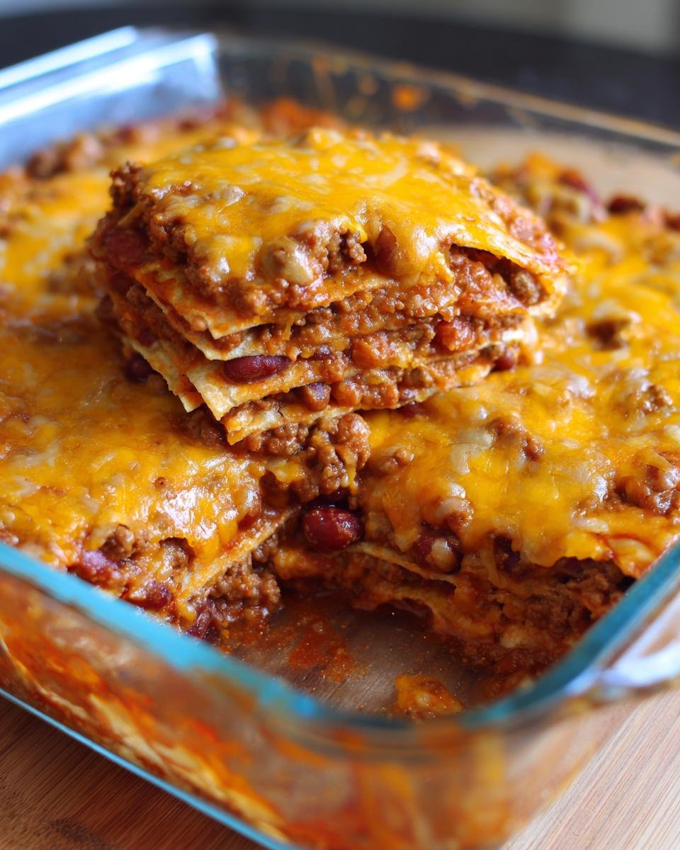 Schichtweise gestapelter leckerer Taco Auflauf mit Hackfleisch, Bohnen und geschmolzenem Käse in einer Glasform.