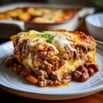 Nahaufnahme eines saftigen St&uuml;cks Delicious Taco Bake Casserole With Tortillas Recipe mit Hackfleisch, Bohnen und geschmolzenem K&auml;se.