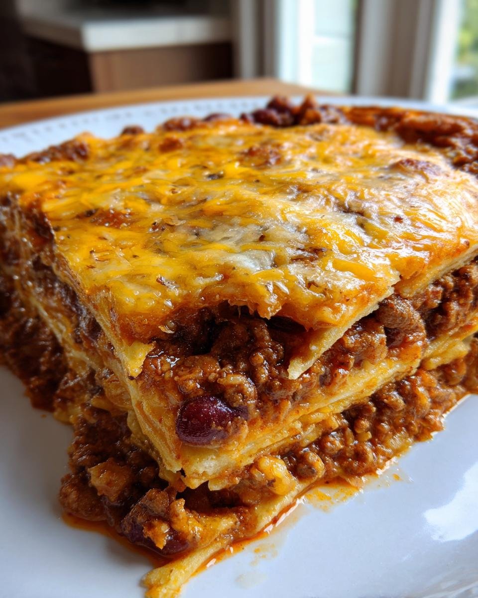 Ein Stück köstlicher Taco Auflauf mit Tortillas, Hackfleisch, Bohnen und geschmolzenem Käse.