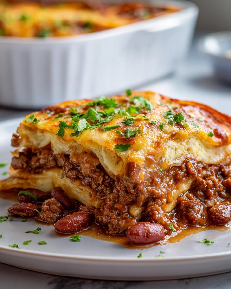 Nahaufnahme eines Stücks leckeren Taco Auflaufs mit Hackfleisch, Bohnen und geschmolzenem Käse, garniert mit Petersilie.